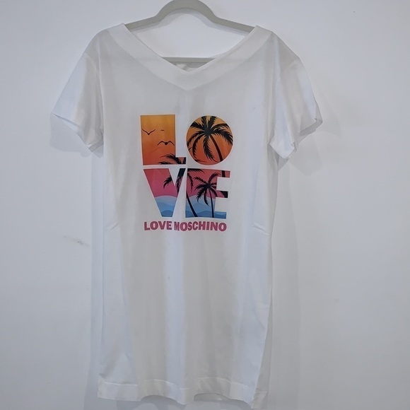 LOVE MOSCHINO White Cotton Palm Tree Print Crewneck T-Shirt Dress US 4 - Picture 4 of 15